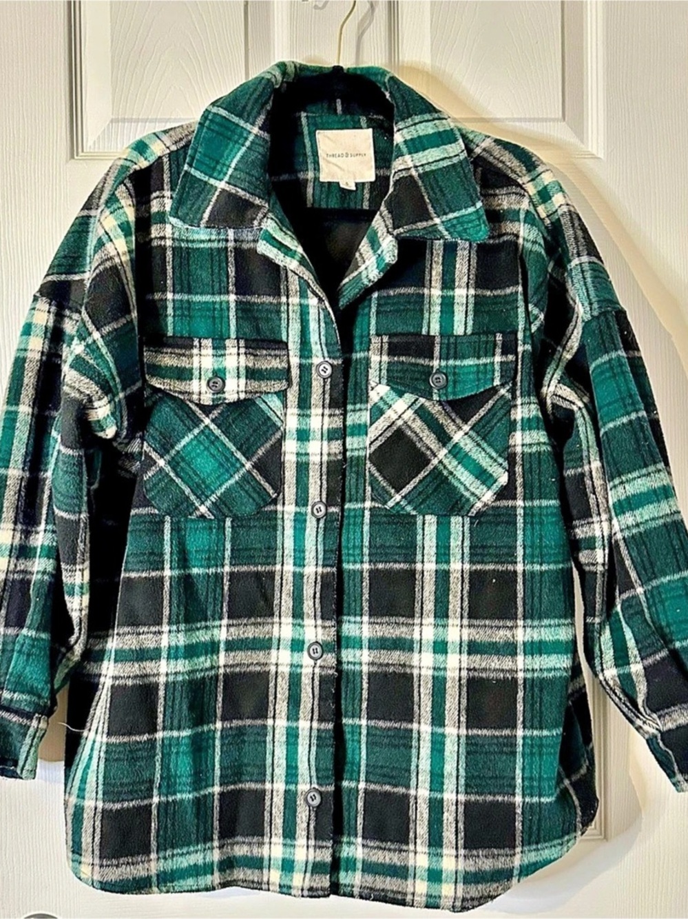 Thread & Supply Plaid Lined Corduroy Shacket Green & Black Small